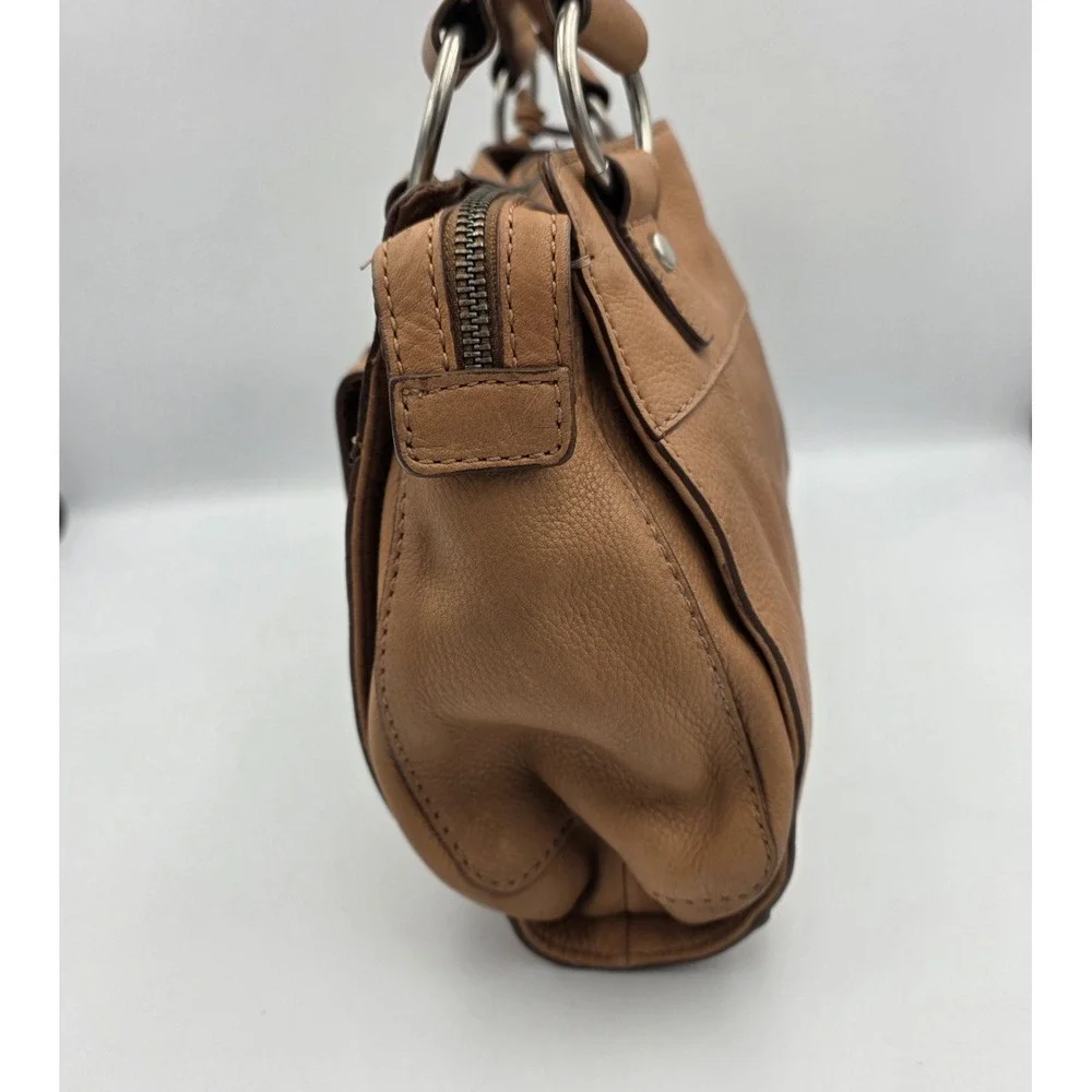 Vtg Fossil Maddox Tan Beige Leather Satchel Purse Bag Top Handles Lg. Key Charm